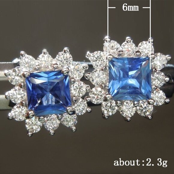 💞 Shiny Royal Blue Princess Cut Zircon Flower Square Stud Earrings, UNVN12453 - Picture 6 of 6